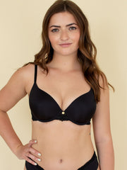 Woman wearing black classic contour bra, front view