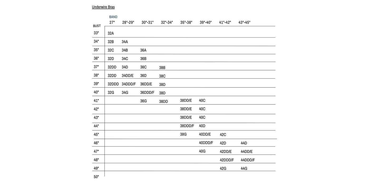 Underwire bra size chart comfortable lingerie Canada online