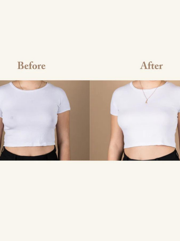 before and after using reusable nipple stickies silicone worn under white t-shirt