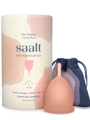 Saalt menstrual cup, regular size in front of box and drawstring bag
