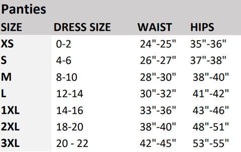 Modern Match Lingerie Panties Size Chart