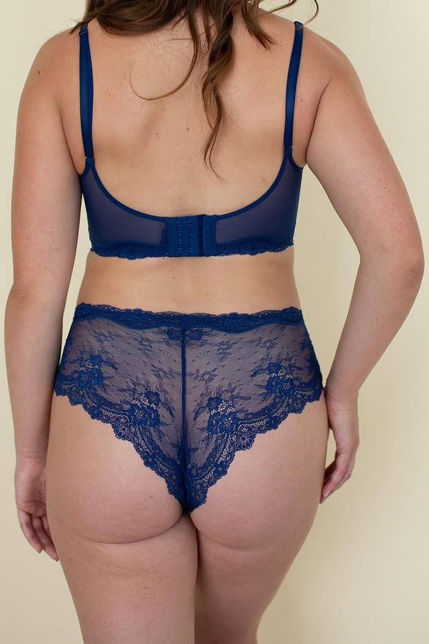 Lace cheeky underwear in blue back view